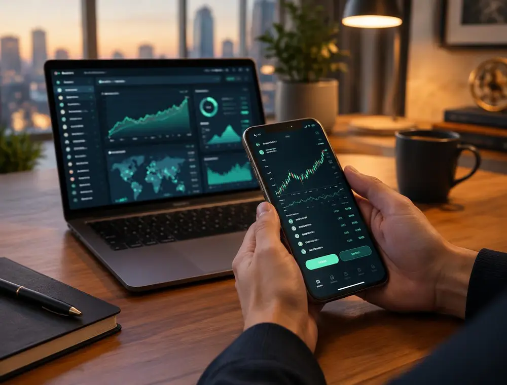 Trader using the Adler Quant AI app on a smartphone with the AI analytics dashboard open on a laptop